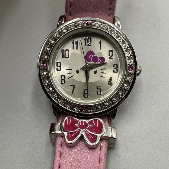 3/$30 Sanrio Hello Kitty Watch Girls Silver Tone Crystal Bezel Pink Band - Picture 1 of 13